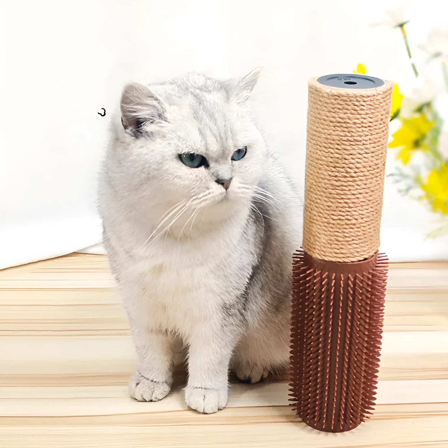 A brown sisal rope scratching post for cats on a wooden base, showing its height and texture.