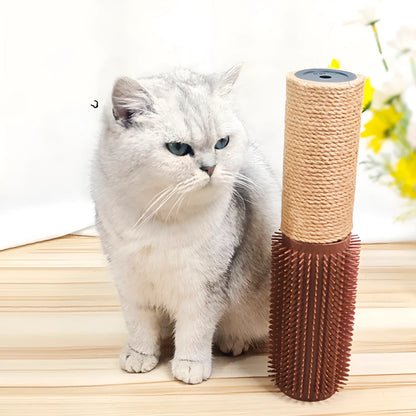 A tall, brown sisal scratching post for cats on a wooden floor next to a grey sofa.