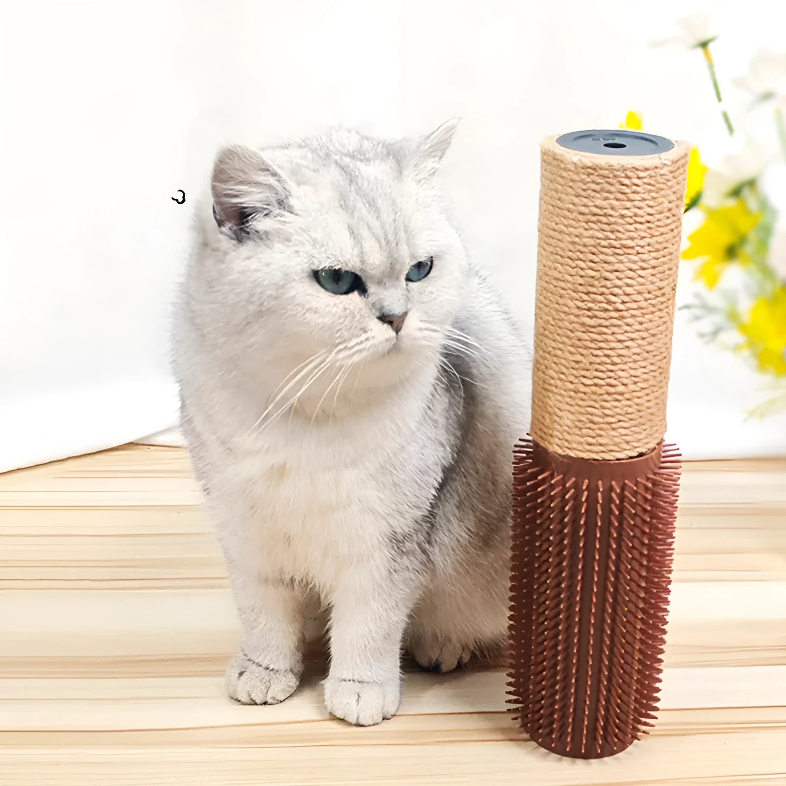 Brown sisal rope scratching post for cats on a wooden floor, showing 30cm height and square base.