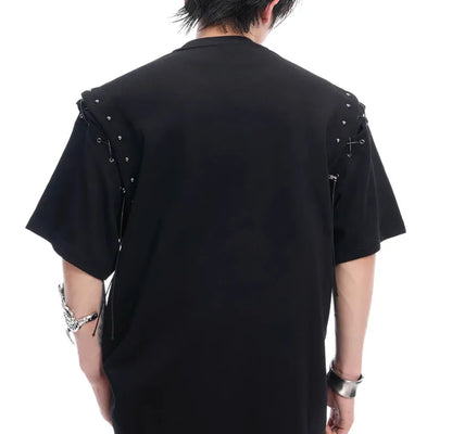 Black short sleeve women's T-shirt with lace-up cutout detailing on the sleeves.