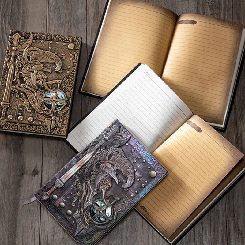 Handmade leather A5 notebook with 3D warriors relief embossing, showing bronze colour and open pages
