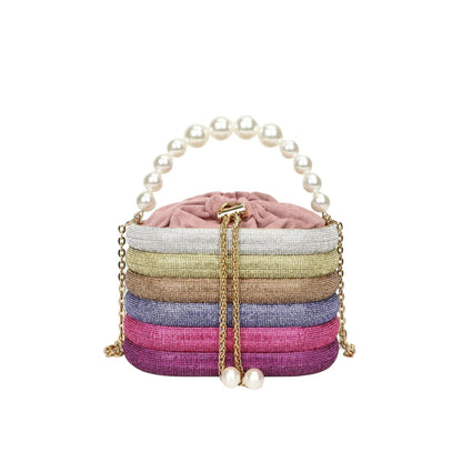 Women's soft PU crossbody bag with beaded accents, round shape, and single shoulder strap in black colour.