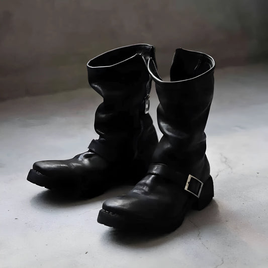 Men's dark retro Martin ankle boots with a zip fastener and round toe in black.