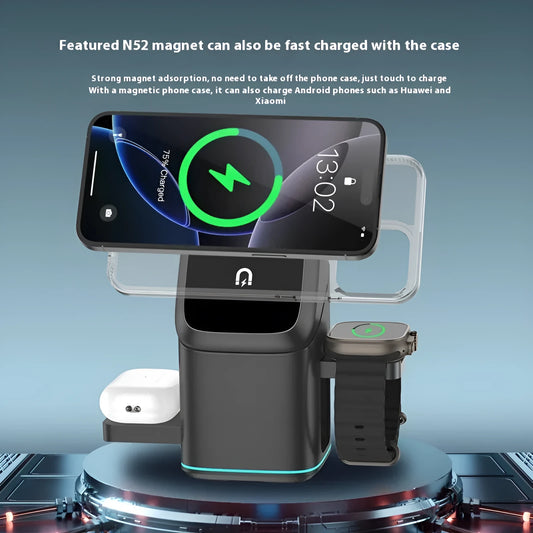 Black magnetic wireless phone charging stand on a desk, rotated to a landscape viewing angle.