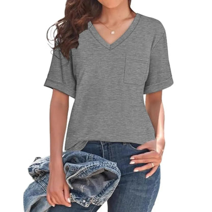 Grey loose V-neck short sleeve t-shirt with chest pocket, showing 40cm length and regular sleeves for casual wear