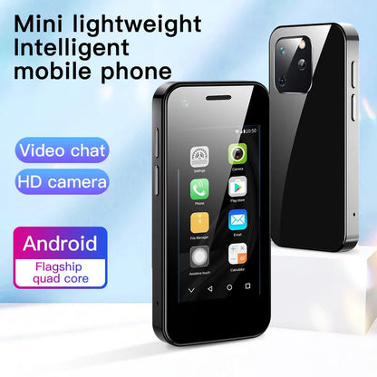 Ultra-small Android mini phone in Phantom Night Black colour, shown next to a standard Type-C charging cable.
