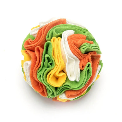 Soft and interactive puzzle ball toy made of polar fleece for dogs and cats to sniff and forage for hidden treats