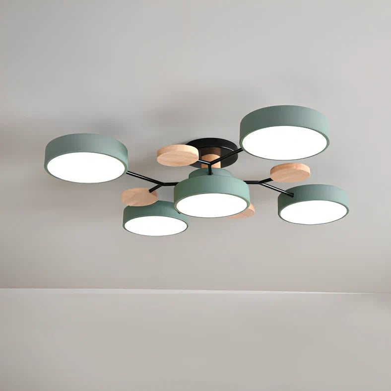 Modern round acrylic LED ceiling light with Scandinavian design in green, grey, or white colours