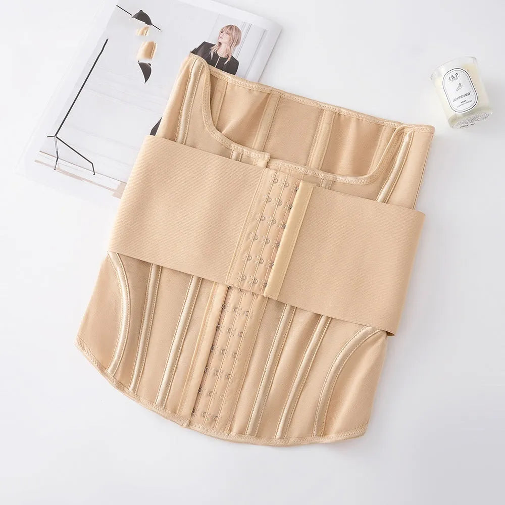 Black belly band waist trainer with adjustable tie on mannequin, showing nylon fabric construction