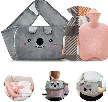 Winter water bottle belt with brown bear removable cover showing hand warmer pocket and large thread stopper