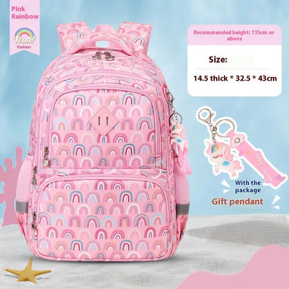 Blue dinosaur pattern children's school backpack with curved straps and waterproof Oxford cloth.