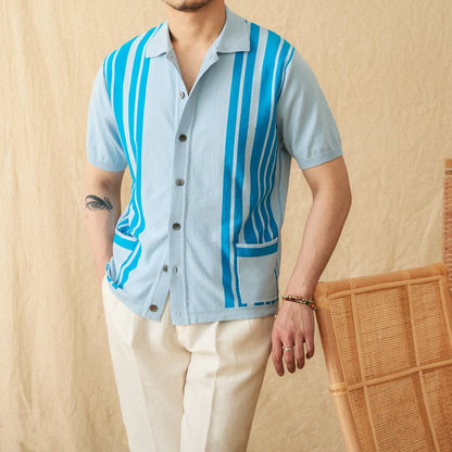 Short-sleeved knitted cardigan polo shirt in royal blue with lapel collar and striped pattern, sizes M to 3XL