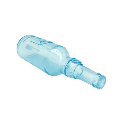 Blue natural rubber dog toy shaped like a water bottle with a squeaker tail, for aggressive chewers.