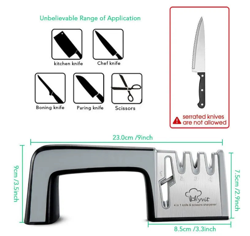 Black and cyan four-in-one kitchen knife sharpener with multiple sharpening rods on display