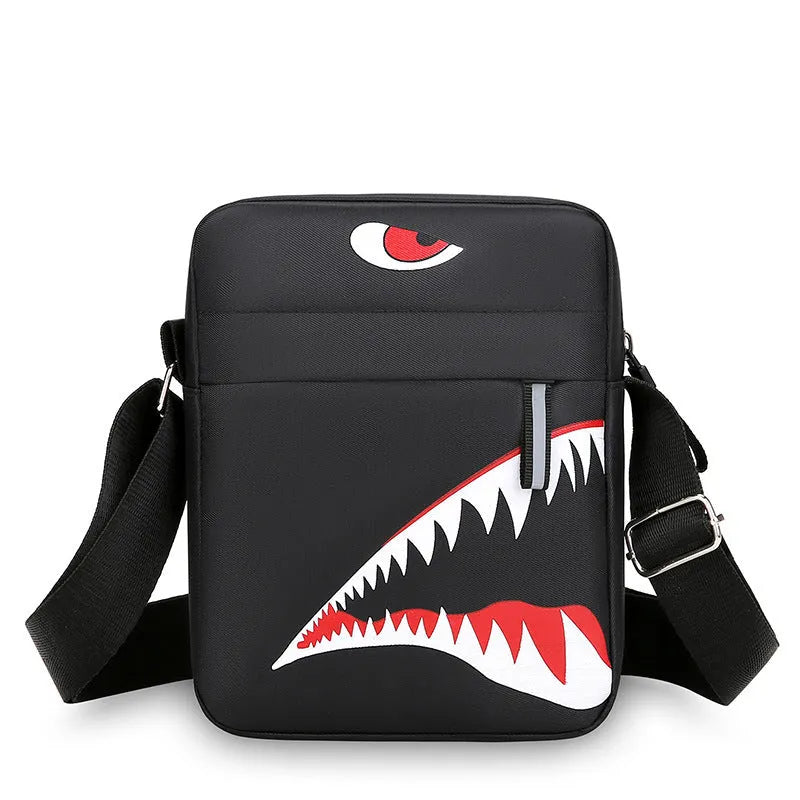 Men's small black crossbody bag with animal pattern printing and oxford cloth construction