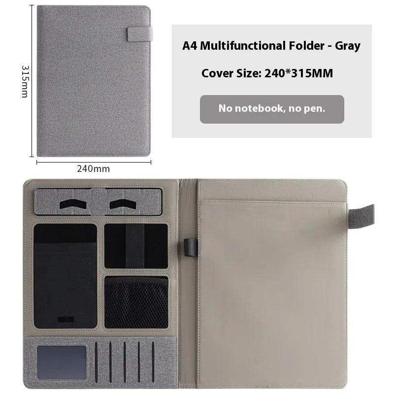 Leather A4 business folder showing 35mm thickness and 325x250mm dimensions with optional pen and notepad accessories