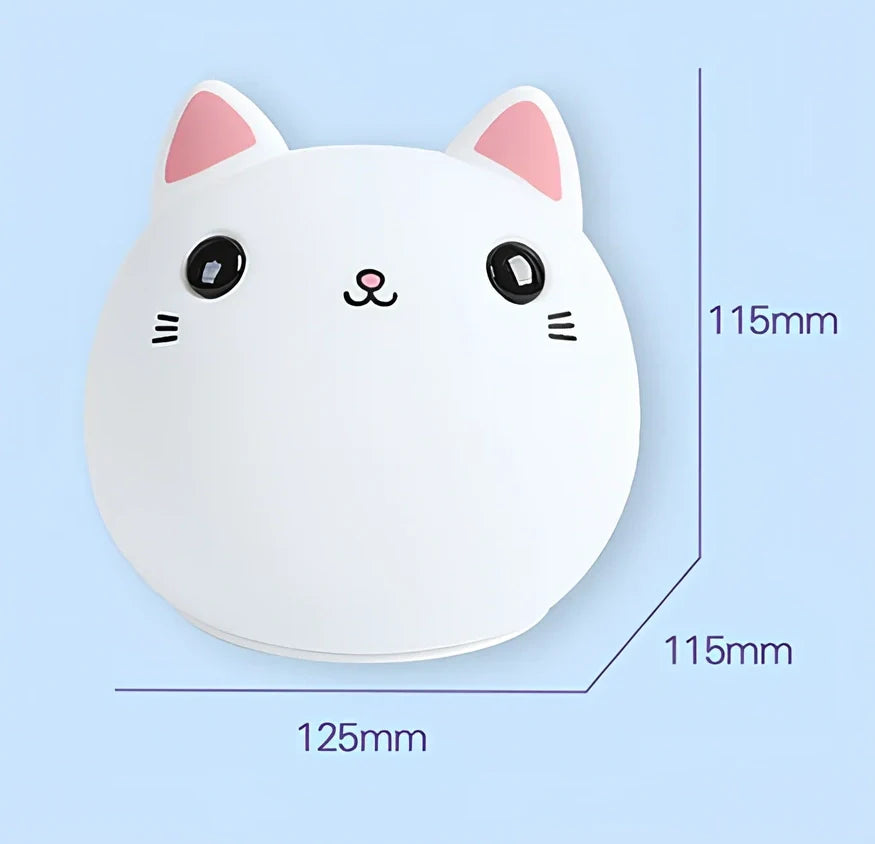 Cute cat-shaped silicone LED lamp with warm white and colourful lighting, measuring 12.5cm