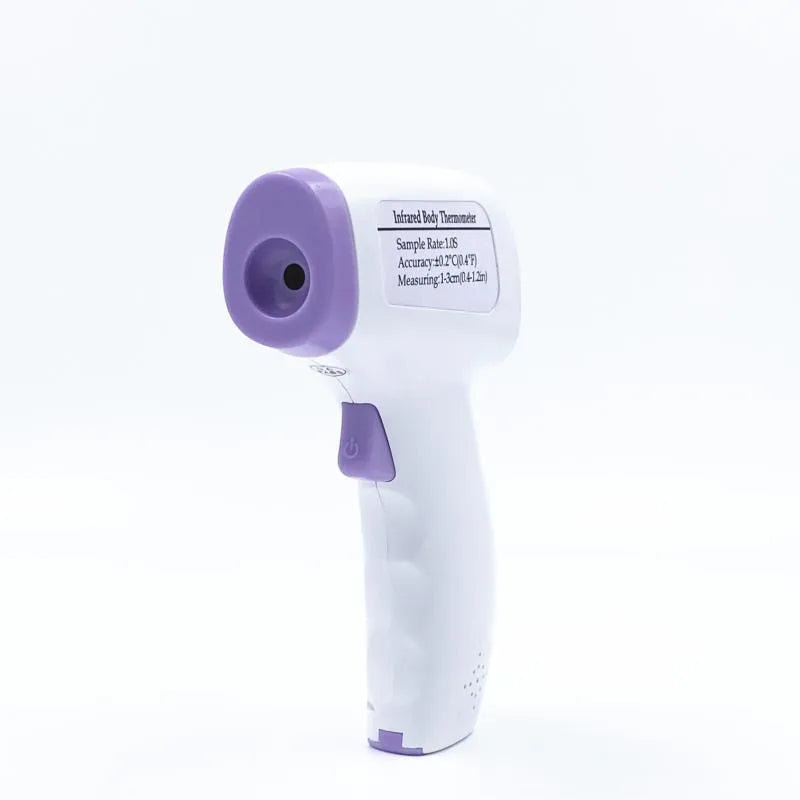 White digital infrared thermometer with LCD screen displaying temperature and colour-coded fever alert.