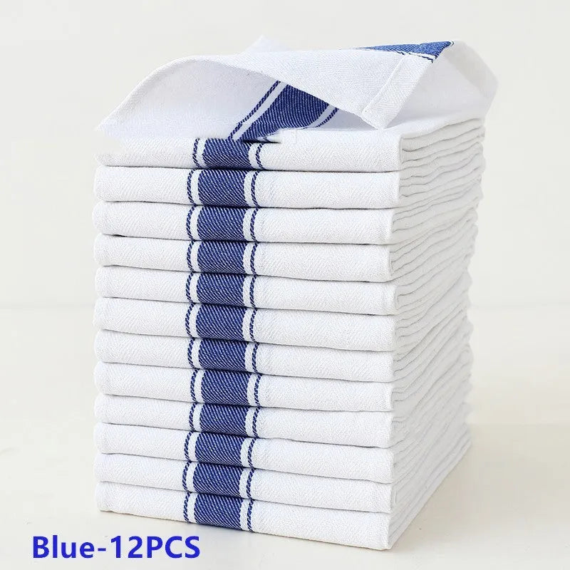 Set of 12 striped kitchen dish towels in five colours showing 48x70cm dimensions and cotton blend material