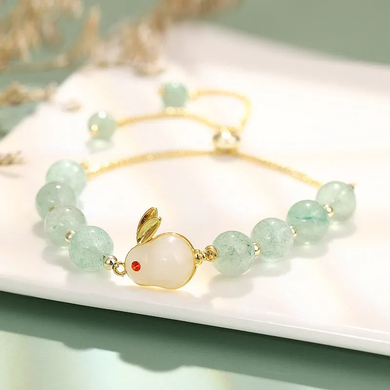 Rabbit charm bracelet with natural gemstone beads in green aventurine or strawberry quartz options