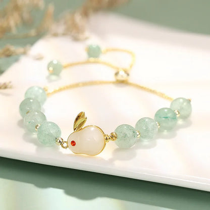 Rabbit charm bracelet with natural gemstone beads in green aventurine or strawberry quartz options