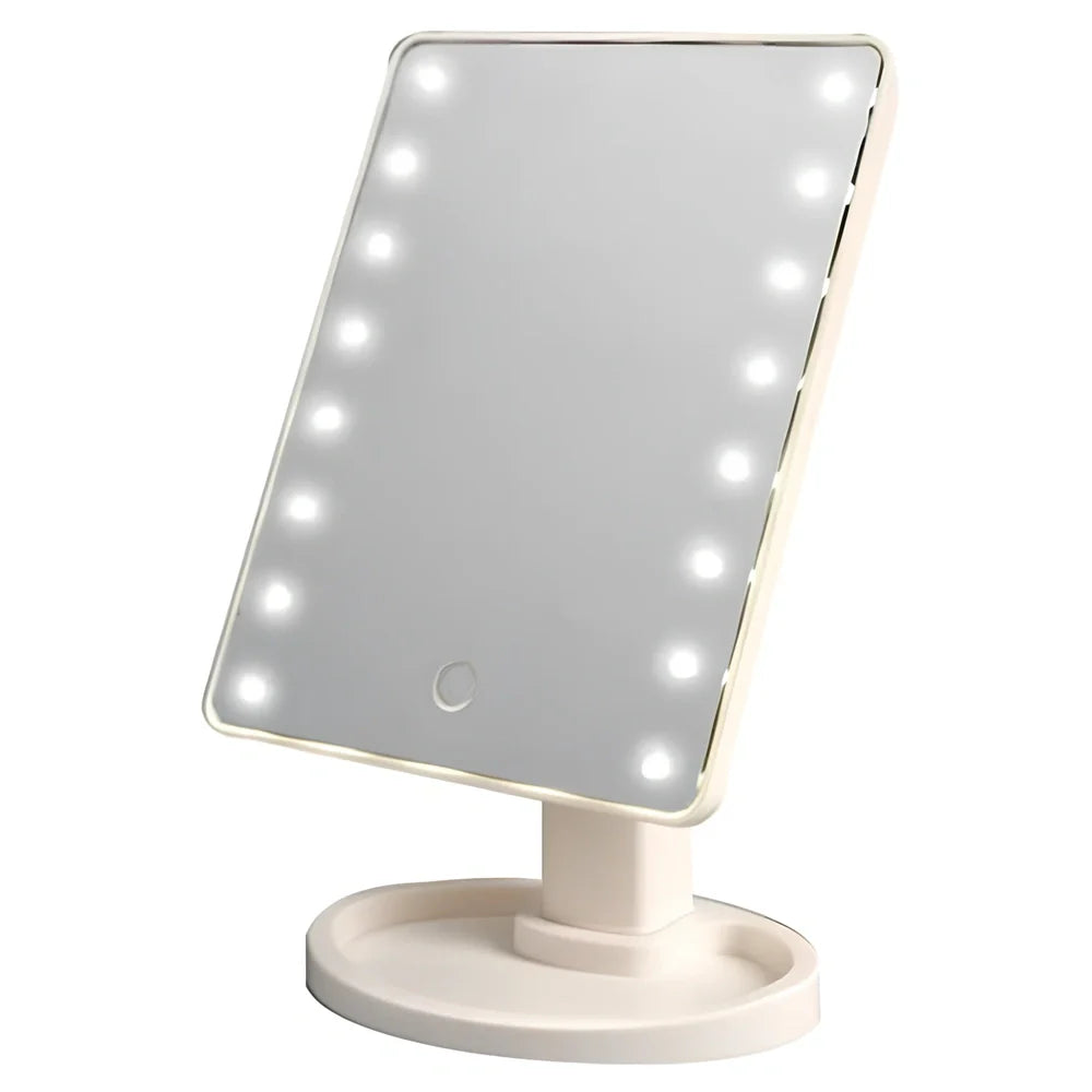 Portable tabletop cosmetic mirror with LED lights around edge, showing 360-degree rotation capability