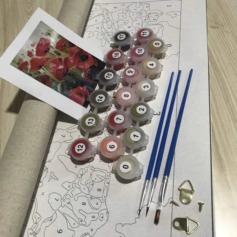 DIY decompression digital painting kit showing 40×50cm canvas with body art design and three painting brushes