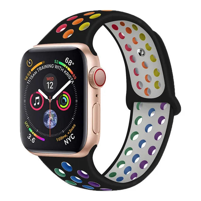 Silicone sports wristband with single buckle strap in black, rainbow, or white, sizes 38x40mm and 42x44mm