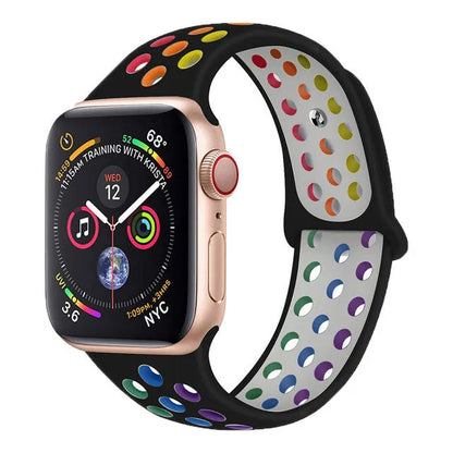 Silicone sports wristband with single buckle strap in black, rainbow, or white, sizes 38x40mm and 42x44mm