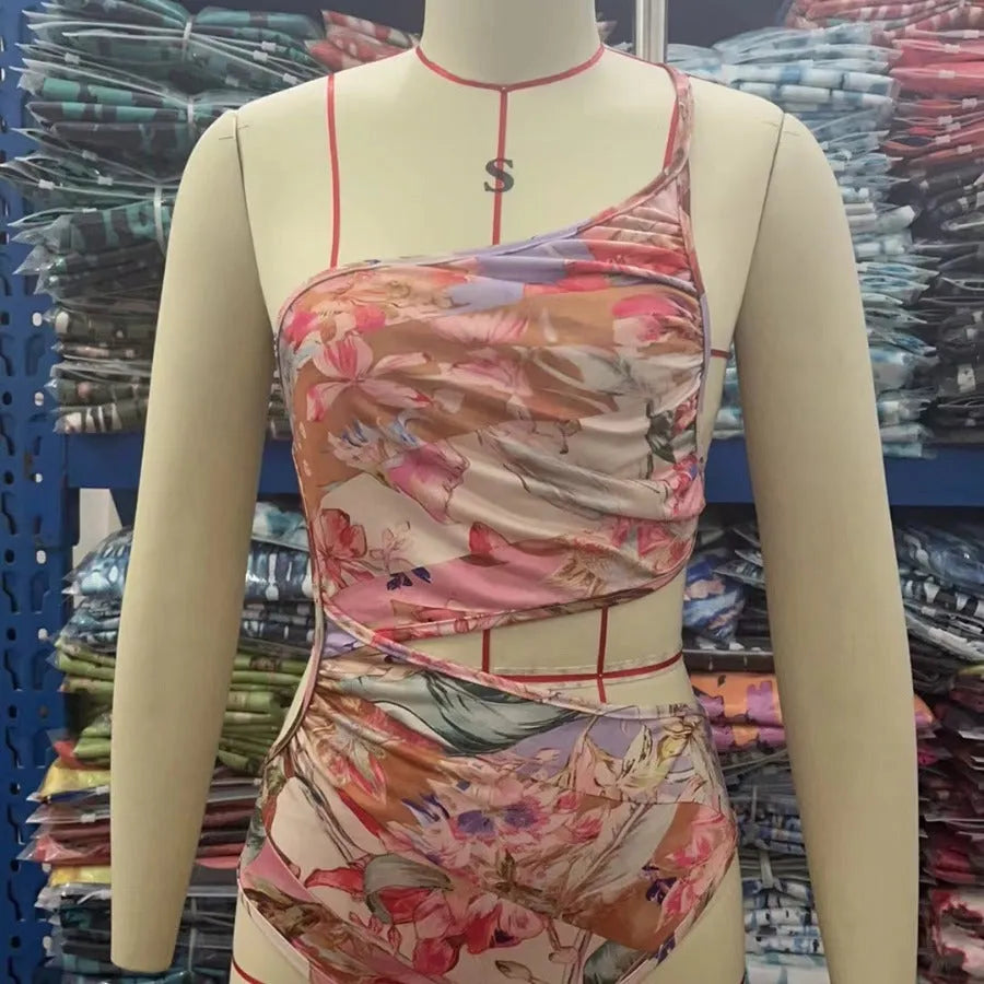 Women's patterned rose gold swimsuit available in six sizes for summer swimming