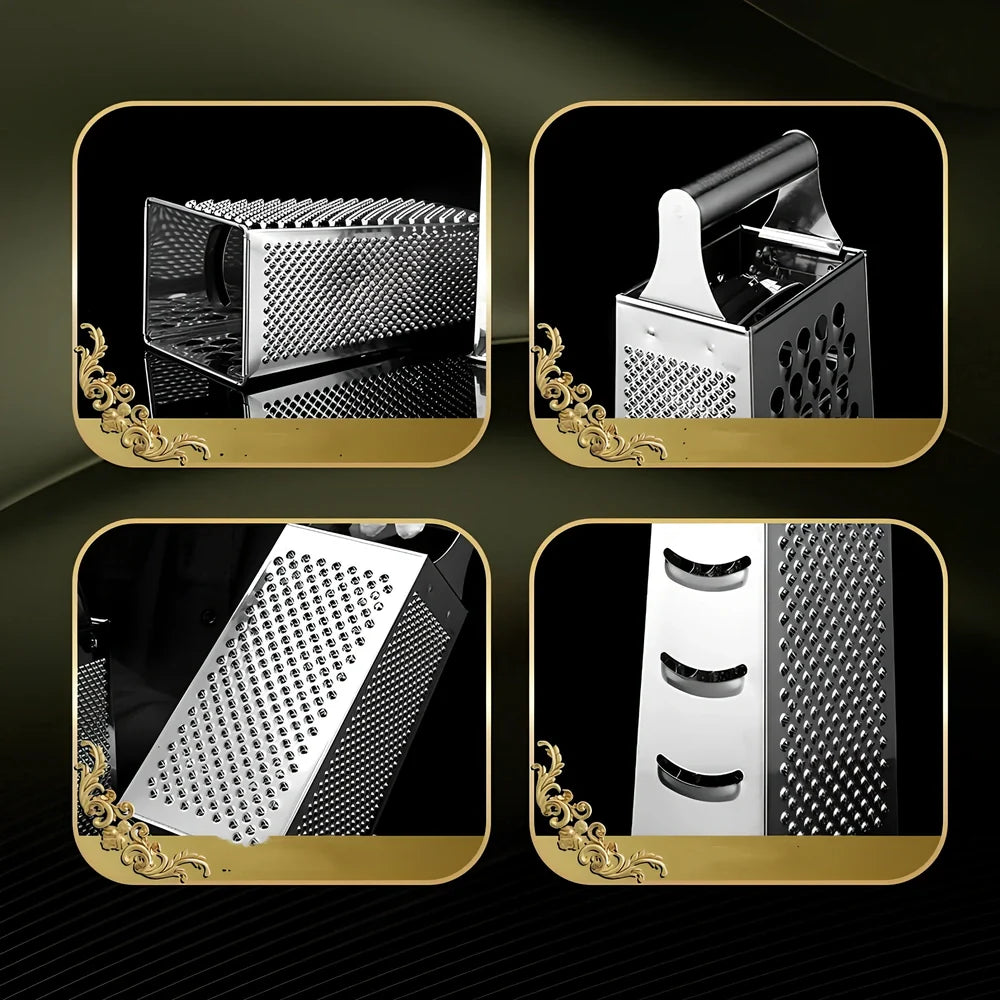 Stainless steel vertical grater with interchangeable plates and weighted base