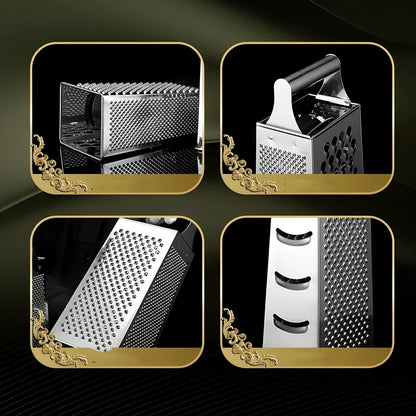 Stainless steel vertical grater with interchangeable plates and weighted base