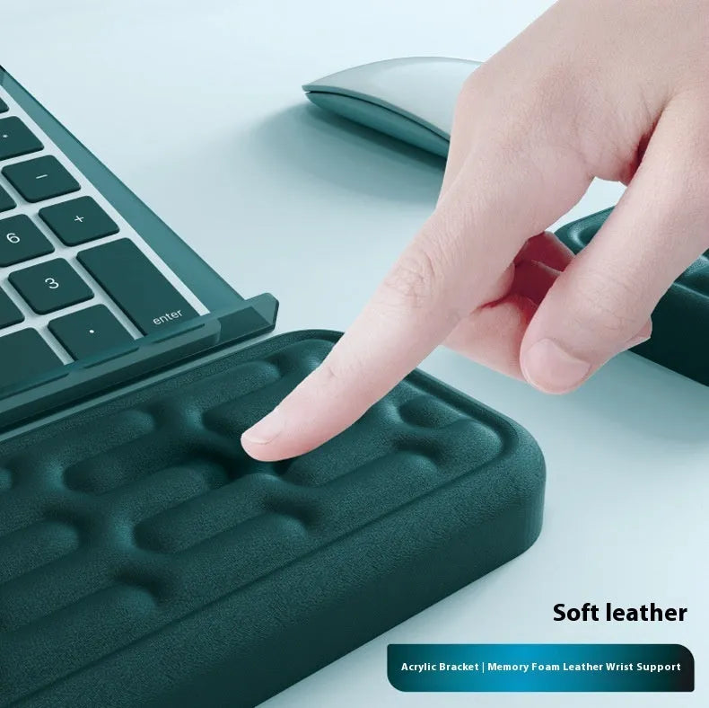 Double-sided memory foam keyboard and mouse desk pad set with gel wrist support pillow.