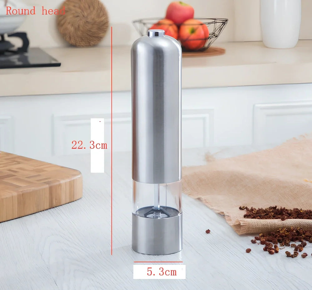 Silver stainless steel electric salt and pepper grinder with one-handed operation button