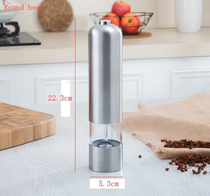 Silver stainless steel electric salt and pepper grinder with one-handed operation button