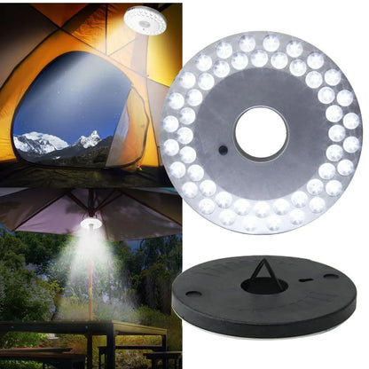 White LED light with 48 LEDs, hook attachment, and ABS plastic casing, measuring 14.5cm in diameter.