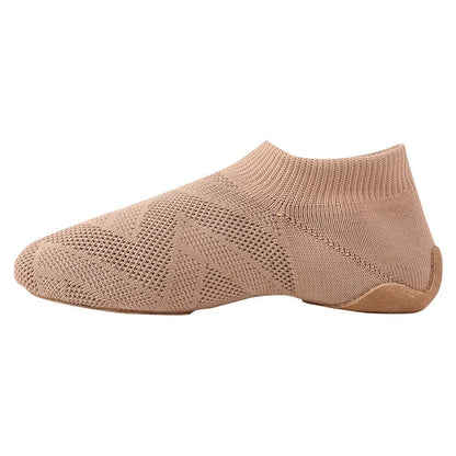Camel coloured contemporary dance shoes with cotton mesh upper and leather sole for latin dance