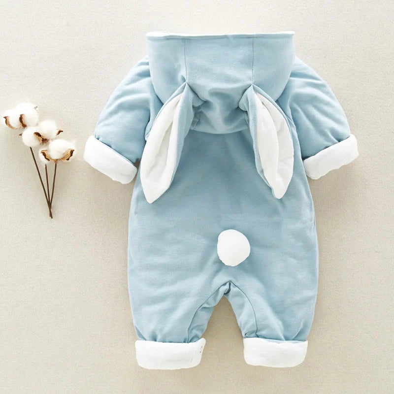 Cozy cotton baby romper with plush hooded design, available in pink, gray, and blue colors and various sizes