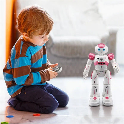 A remote-controlled robot toy with music and dance features, designed for children's entertainment and engagement.