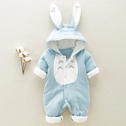 Cozy cotton baby romper with plush hooded design, available in pink, gray, and blue colors and various sizes