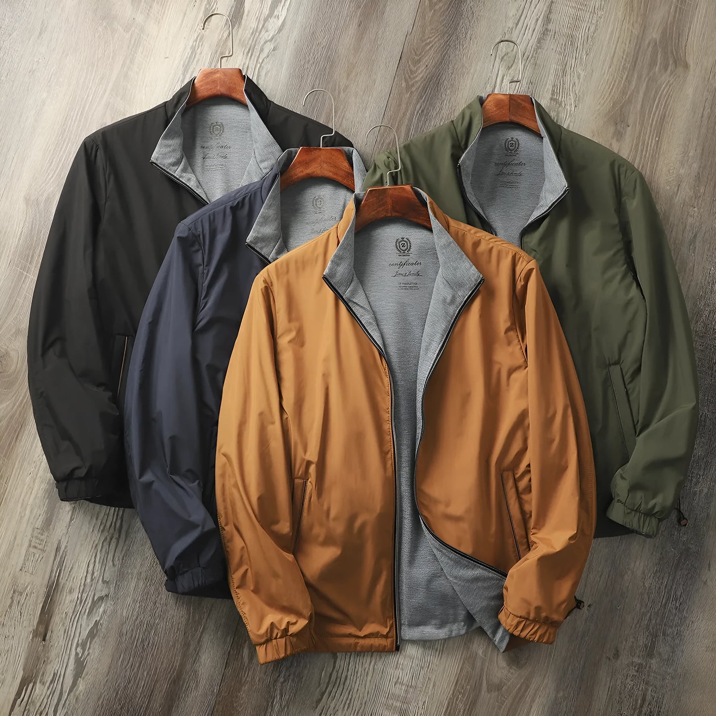 Men's simple stand collar casual jacket in army green, shown on a model.