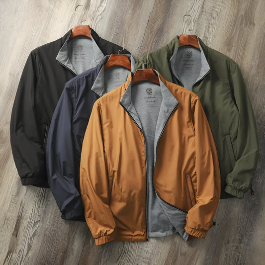 Men's simple stand collar casual jacket in army green, shown on a model.