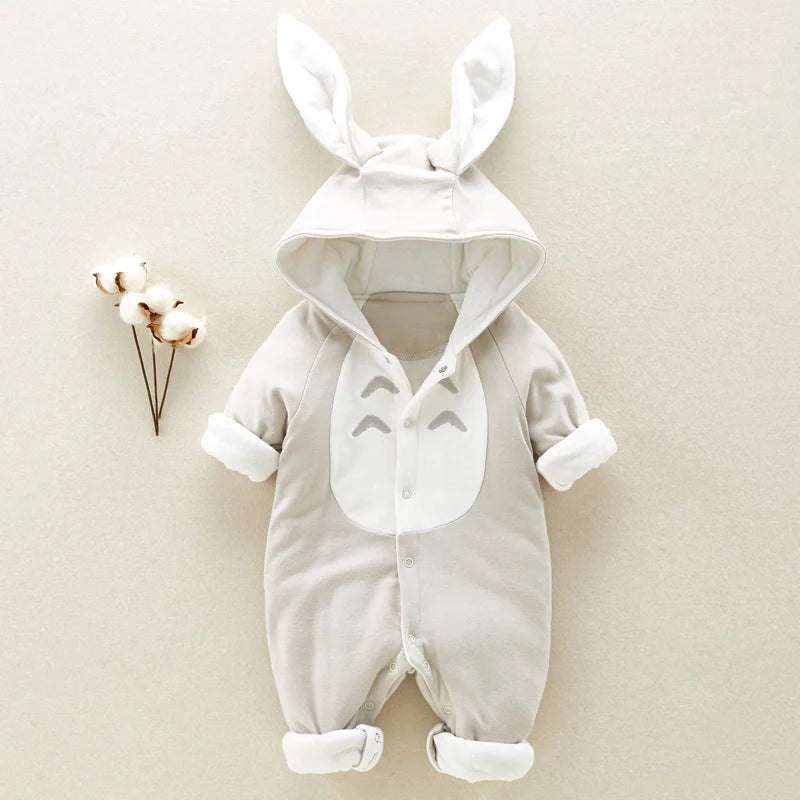 Cozy cotton baby romper with plush hooded design, available in pink, gray, and blue colors and various sizes
