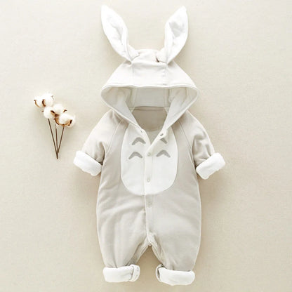 Cozy cotton baby romper with plush hooded design, available in pink, gray, and blue colors and various sizes