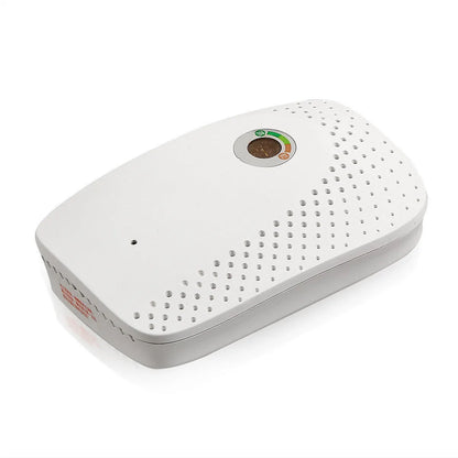 White mini rechargeable dehumidifier for small rooms under 10 square metres, wireless, with indicator light