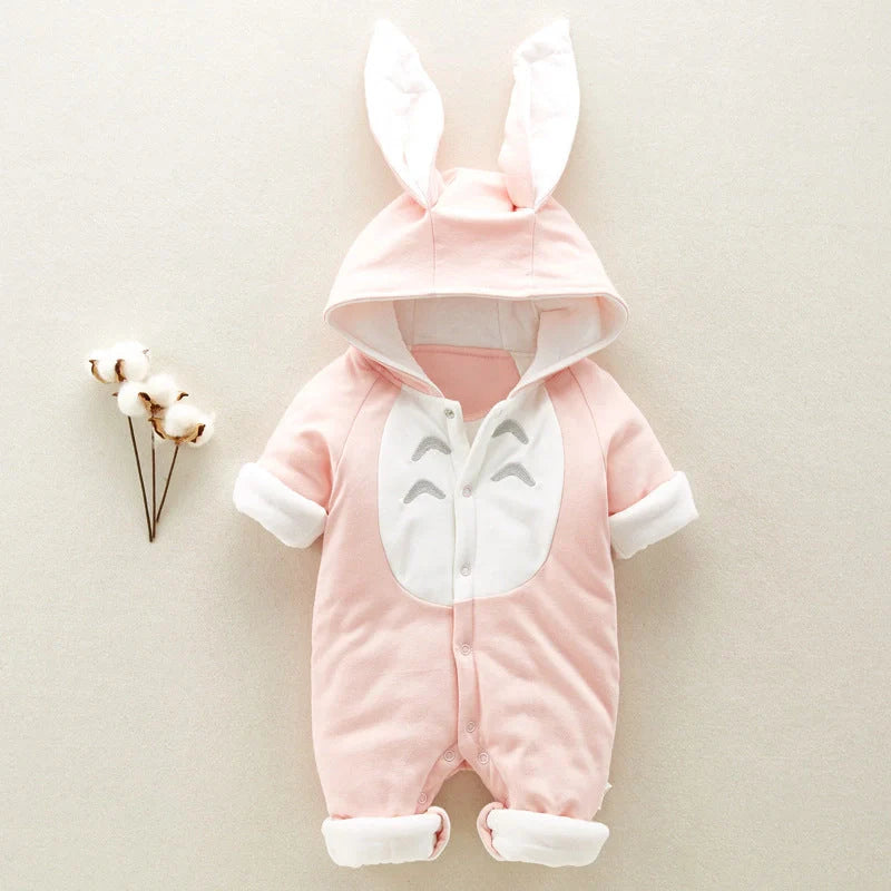 Cozy cotton baby romper with plush hooded design, available in pink, gray, and blue colors and various sizes
