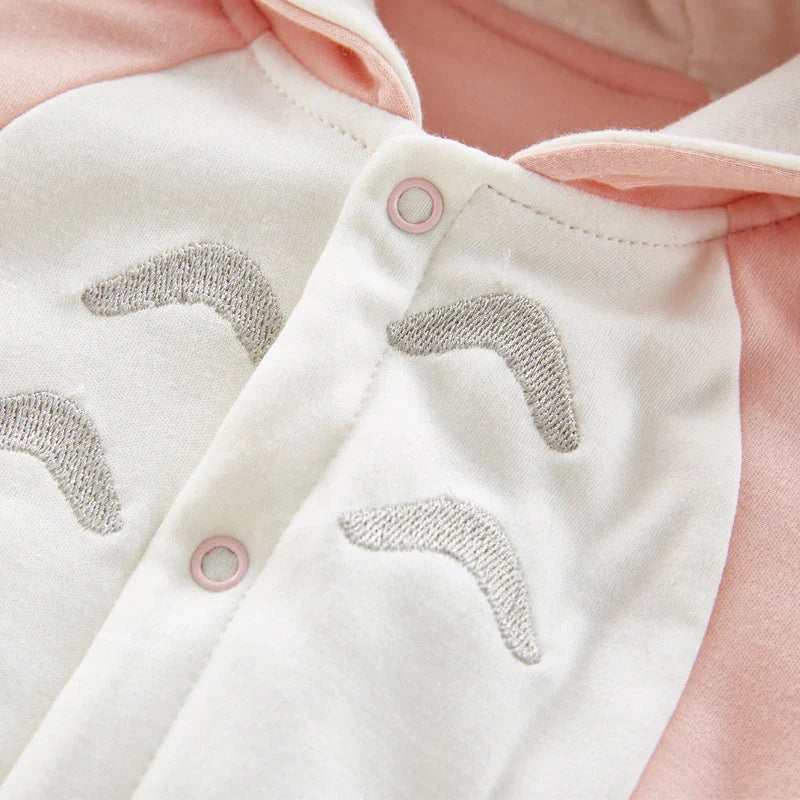 Cozy cotton baby romper with plush hooded design, available in pink, gray, and blue colors and various sizes