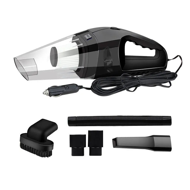 12V portable car vacuum cleaner in orange colour with power cord and interchangeable nozzles