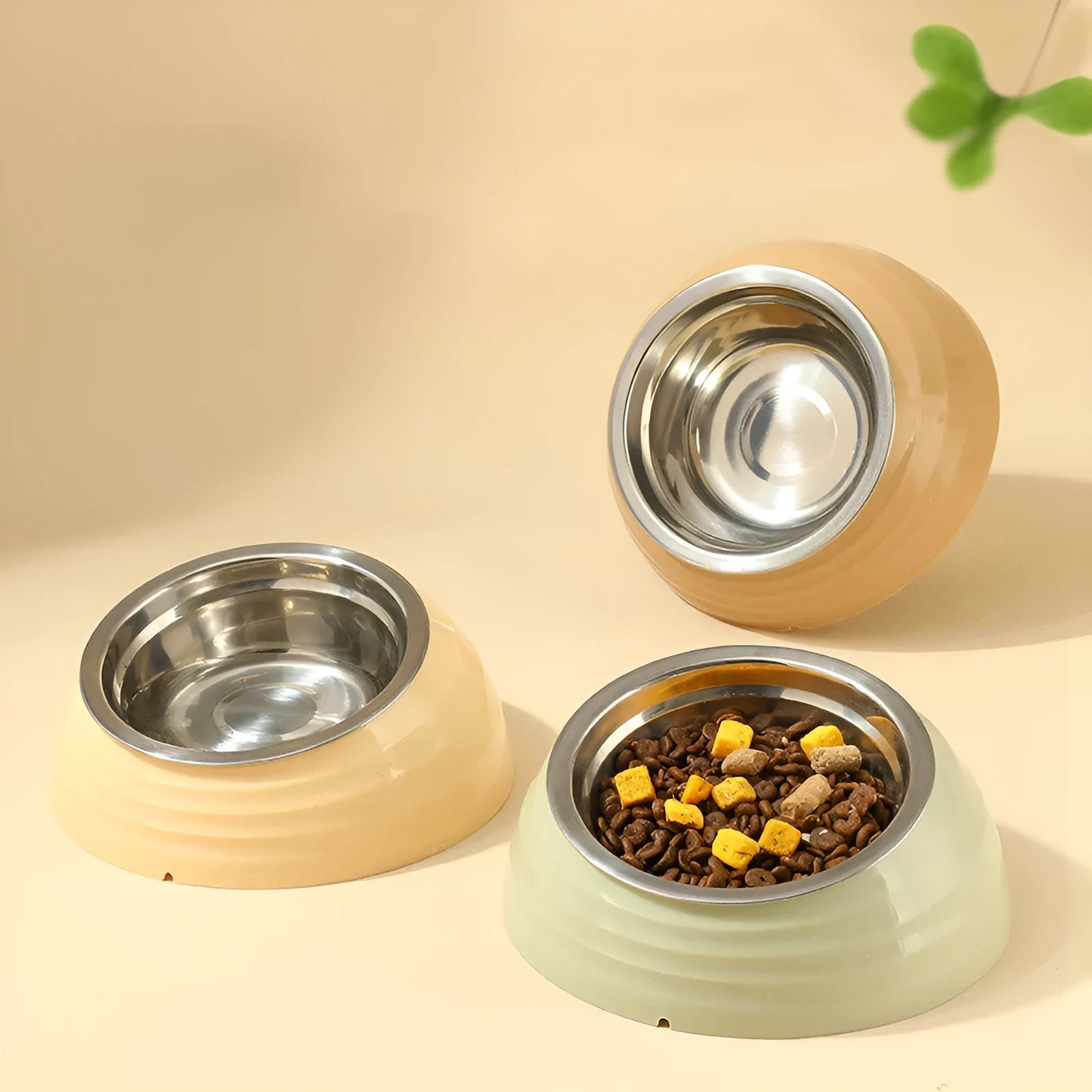 Single stainless steel cat bowl with a light green plastic base on a floor.