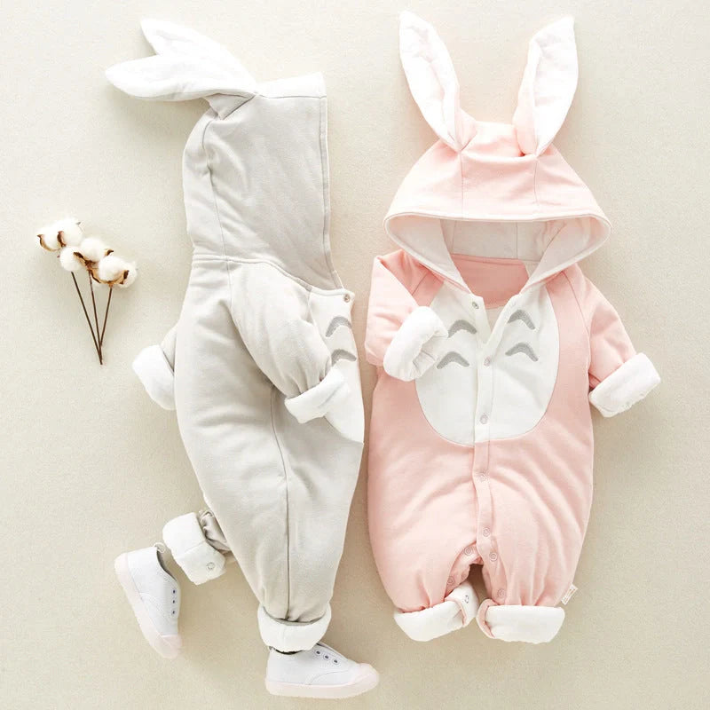 Cozy cotton baby romper with plush hooded design, available in pink, gray, and blue colors and various sizes